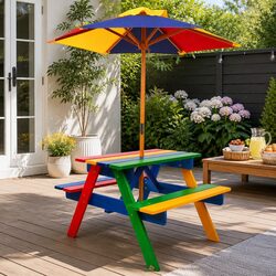Colorful Kids Wooden Picnic Table and Umbrella Set