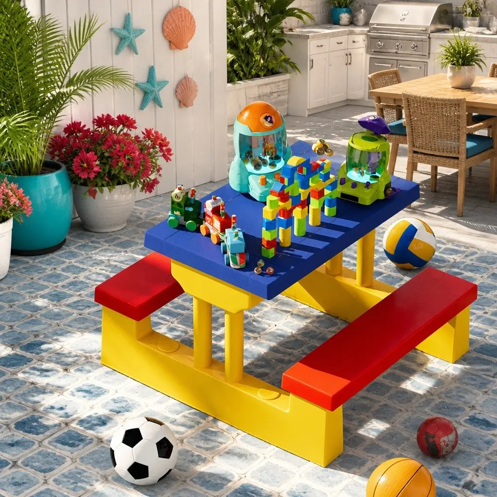 Kids Table and Chairs Set with Adjustable Umbrella Indoor Outdoor Play