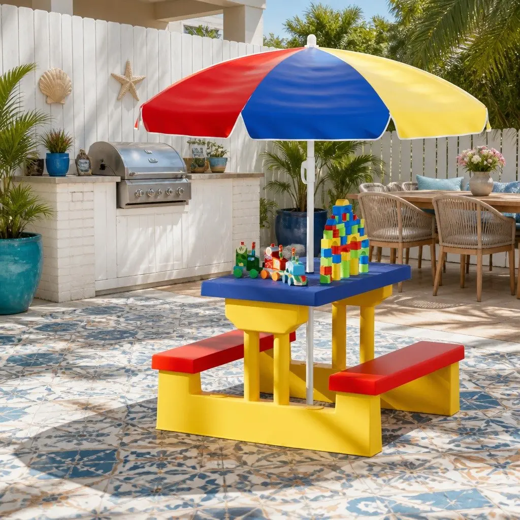 Kids Table and Chairs Set with Adjustable Umbrella Indoor Outdoor Play