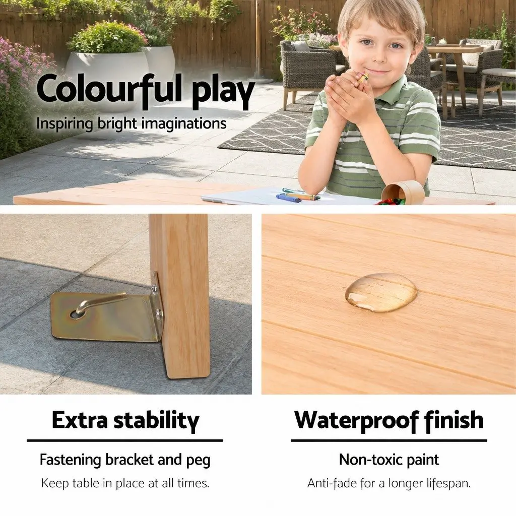 Kids Picnic Table and Bench Set Natural Fir Wood Water-Resistant for Outdoor Indoor Use