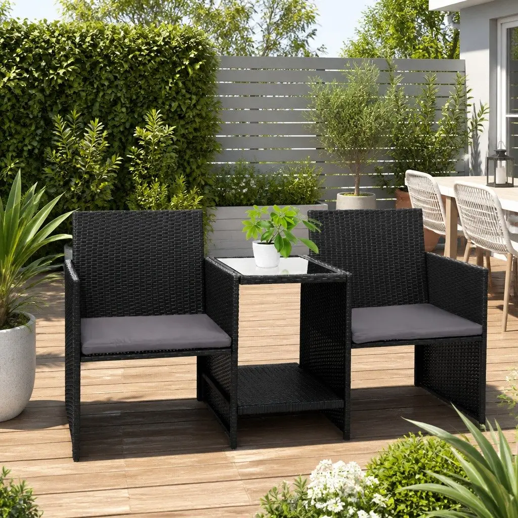 Outdoor Wicker Loveseat Bistro Set Black UV Resistant Weather Resistant PE Wicker Sturdy Steel Frame Tempered Glass Tabletop High Density Foam