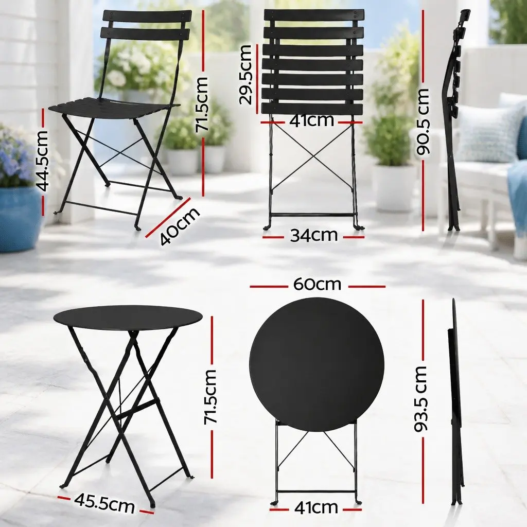 Outdoor Bistro Set 3 Piece Steel Foldable Table and Chairs Black