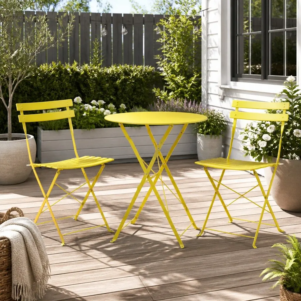 3 Piece Outdoor Bistro Set Steel Foldable Table Chairs Yellow