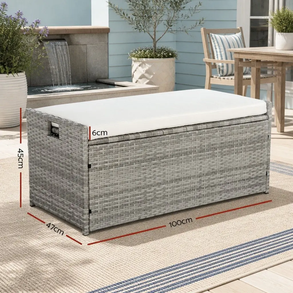 Outdoor Storage Bench 100cm Wicker with Soft Cushion Grey