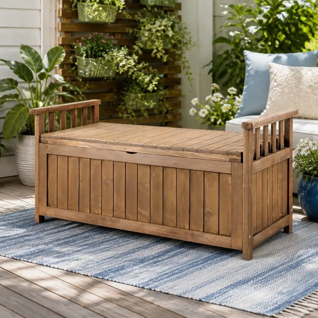 Outdoor Storage Bench Box Wooden Garden Furniture Brown Water-Resistant
