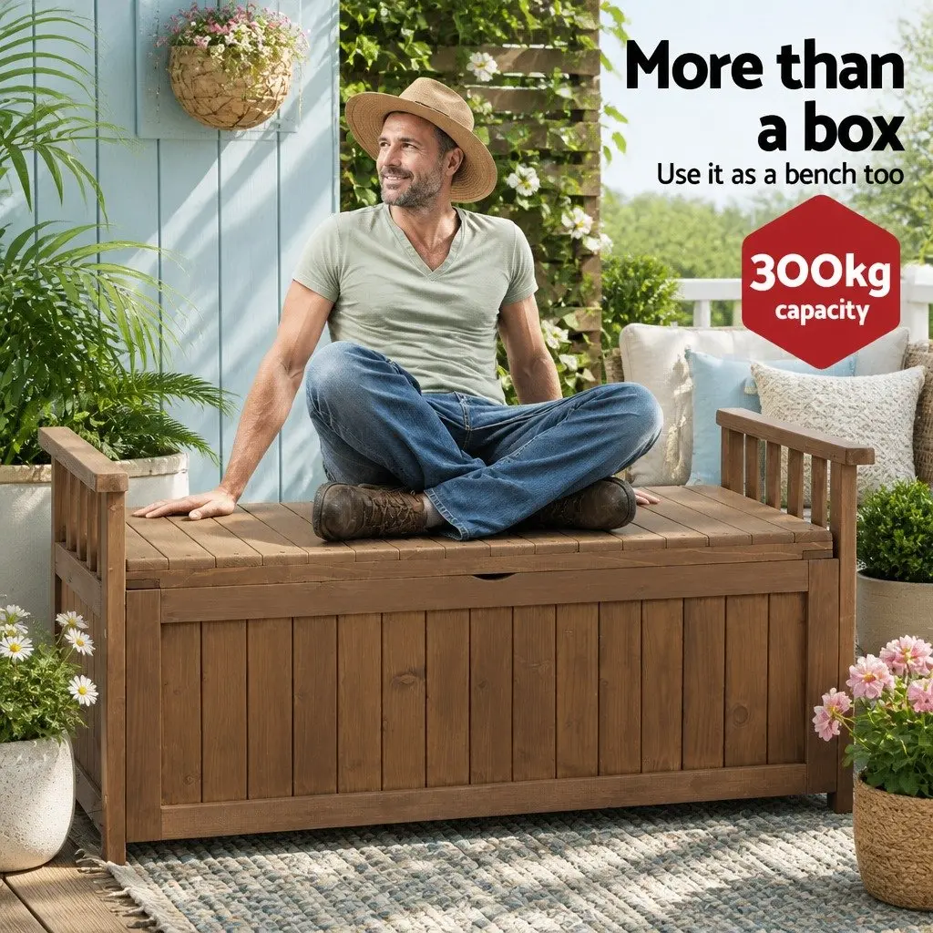 Outdoor Storage Bench Box Wooden Garden Furniture Brown Water-Resistant