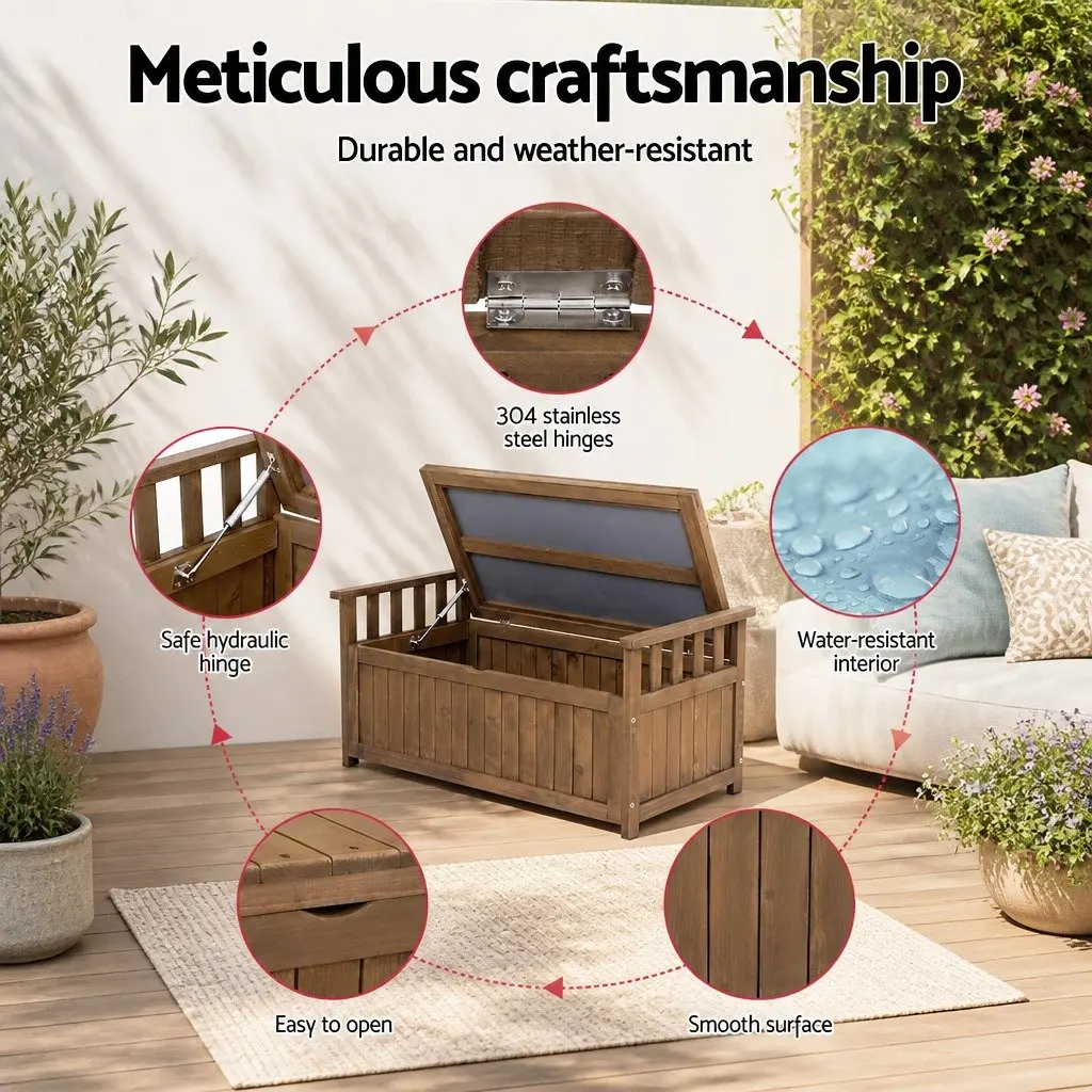 Outdoor Storage Bench Box Wooden Garden Furniture Brown Water-Resistant