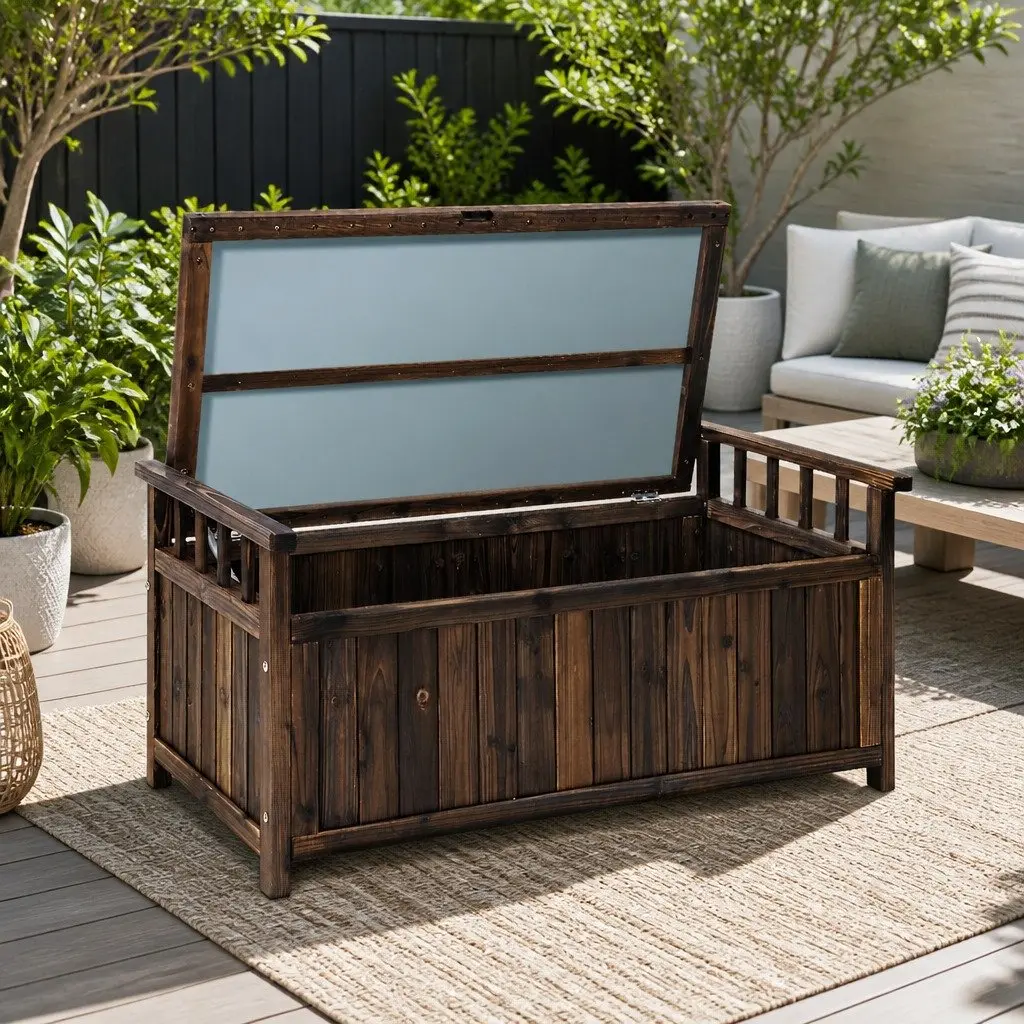 Outdoor Storage Bench Box Charcoal Fir Wood Dual-Purpose Seating and Storage
