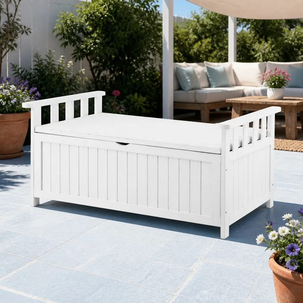 Outdoor Storage Bench 160L Water-Resistant Fir Wood Garden Patio Furniture Seat Tool Organizer White