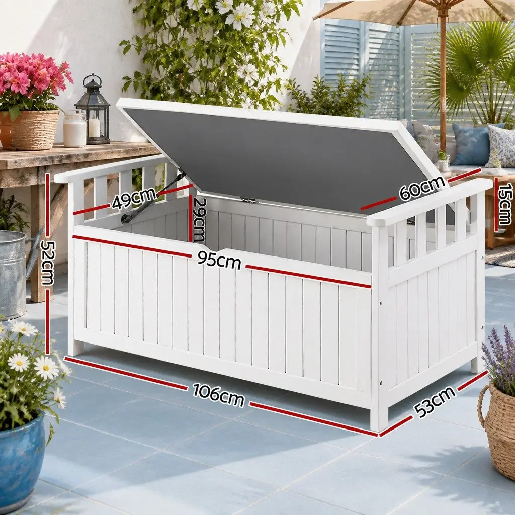 Outdoor Storage Bench 160L Water-Resistant Fir Wood Garden Patio Furniture Seat Tool Organizer White
