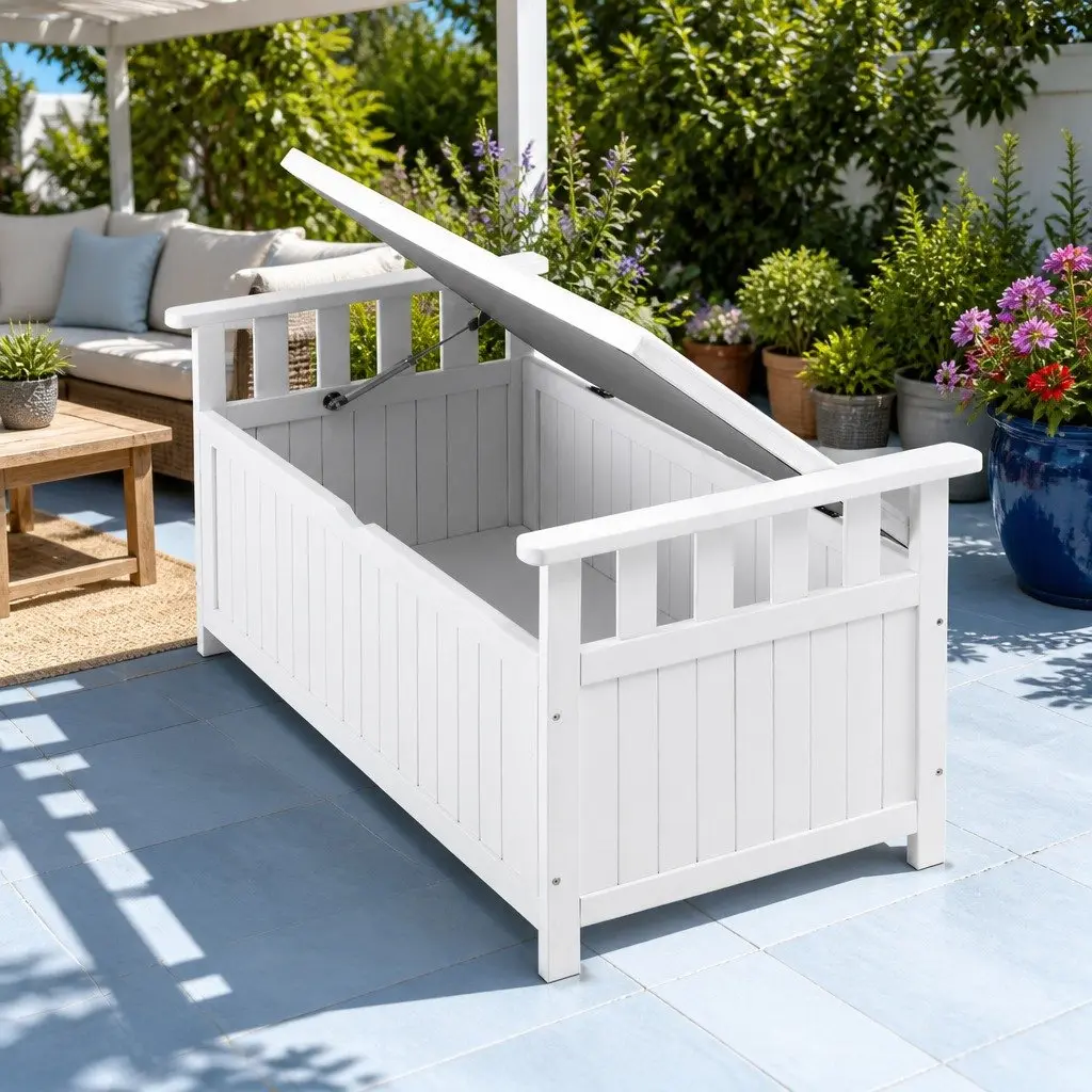 Outdoor Storage Bench 160L Water-Resistant Fir Wood Garden Patio Furniture Seat Tool Organizer White