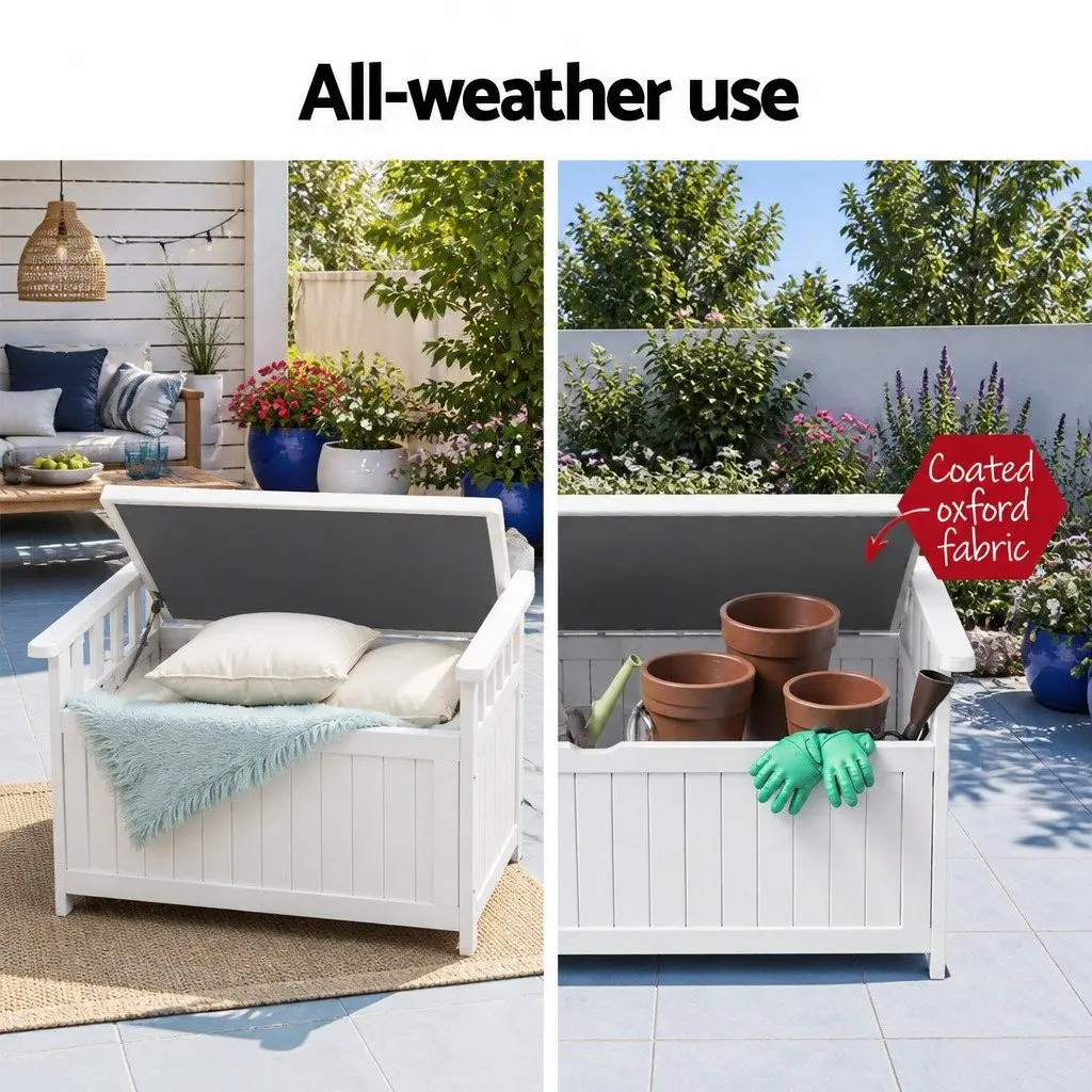 Outdoor Storage Bench 160L Water-Resistant Fir Wood Garden Patio Furniture Seat Tool Organizer White