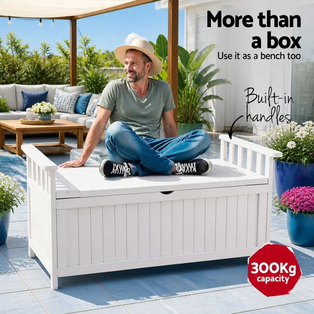 Outdoor Storage Bench 160L Water-Resistant Fir Wood Garden Patio Furniture Seat Tool Organizer White