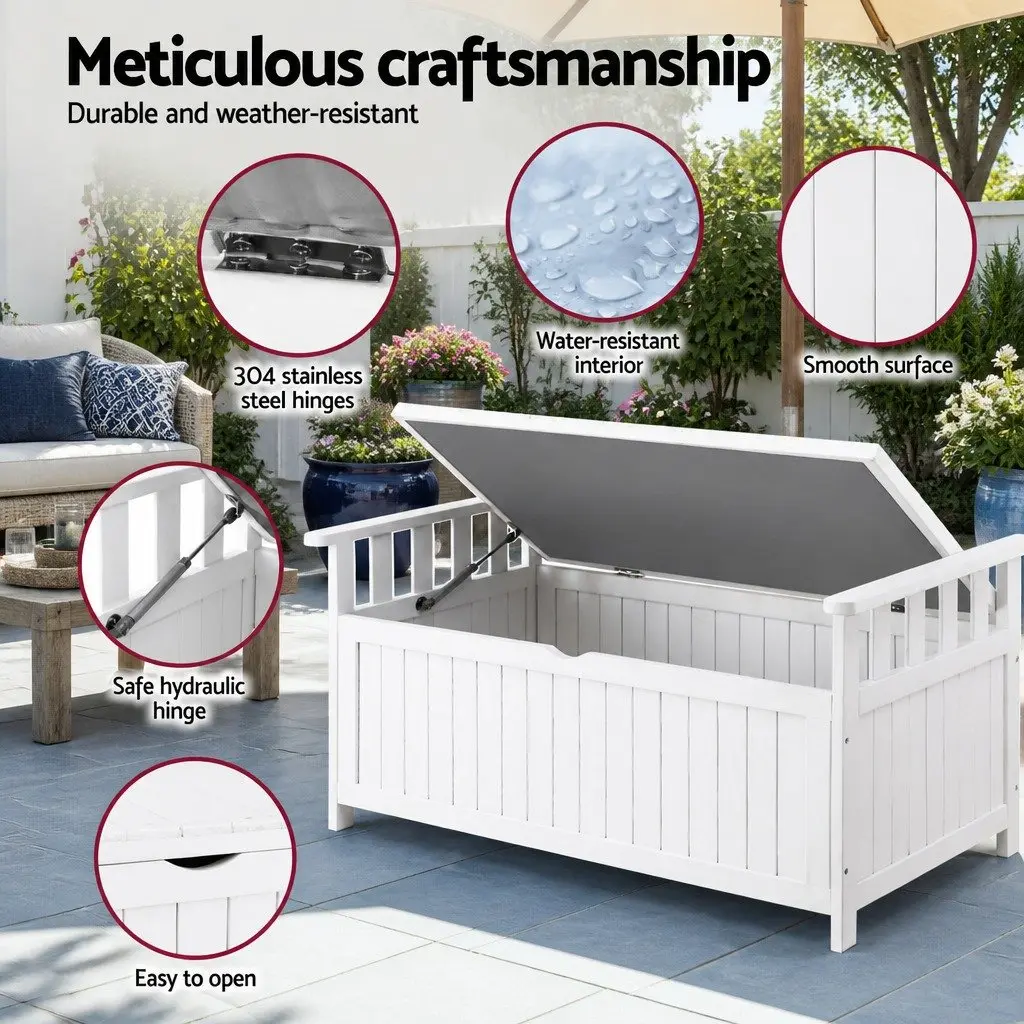 Outdoor Storage Bench 160L Water-Resistant Fir Wood Garden Patio Furniture Seat Tool Organizer White