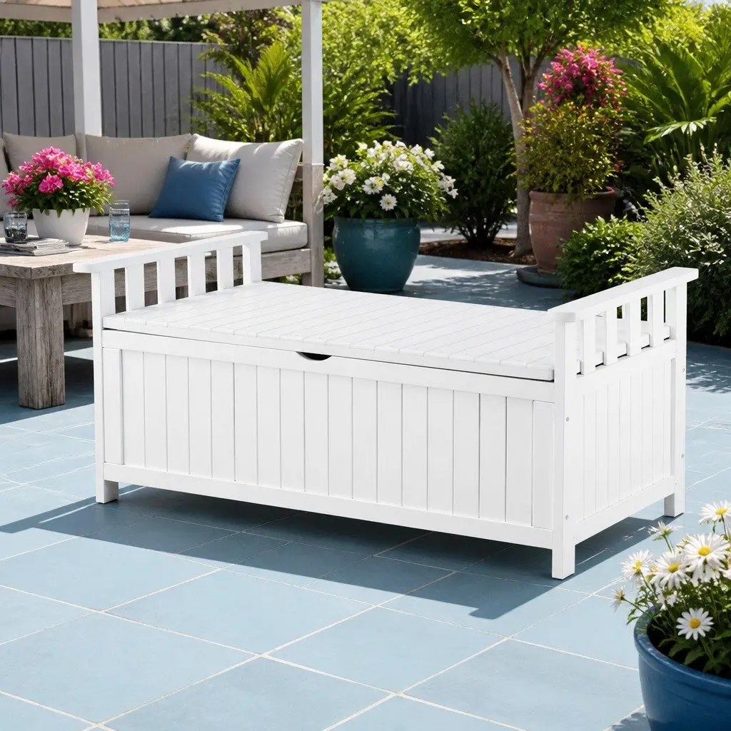 Outdoor Storage Bench 160L Water-Resistant Fir Wood Garden Patio Furniture Seat Tool Organizer White