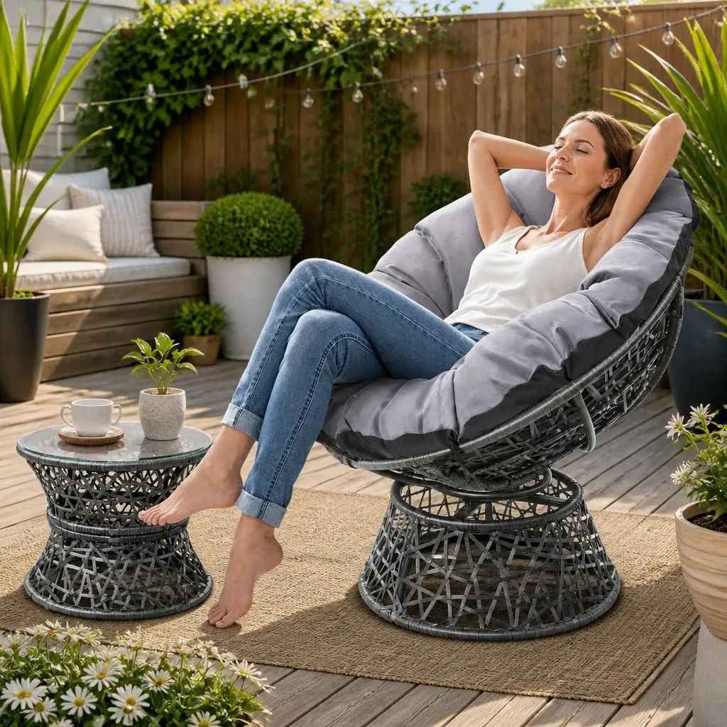 Papasan Chair and Side Table Set Outdoor Garden Lounge Furniture Grey Wicker 360 Degree Rotatable Chair Heavy Duty Steel Frame Water Resistant Cushion