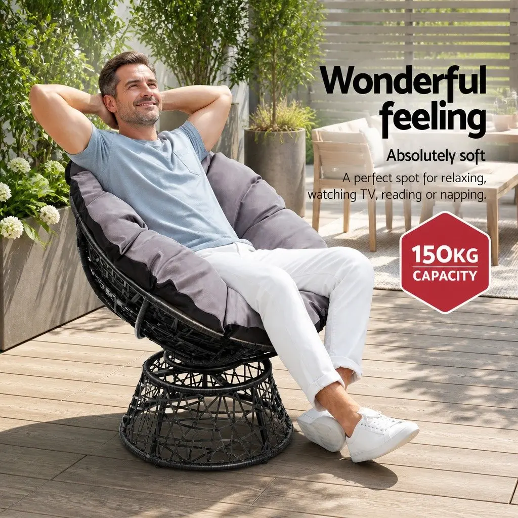 Papasan Chair Outdoor Rotatable Wicker Patio Furniture with 10cm Cushion Black
