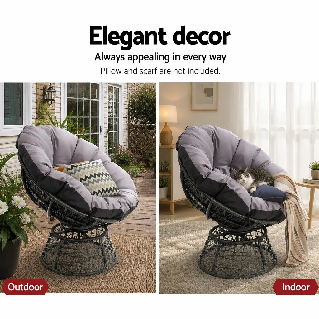 Papasan Chair Outdoor Rotatable Wicker Patio Furniture with 10cm Cushion Black