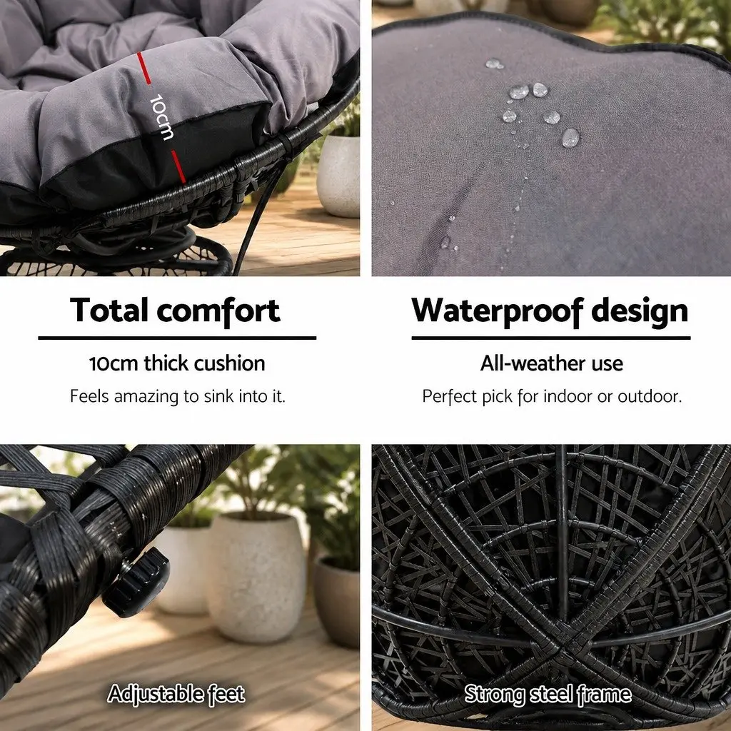 Papasan Chair Outdoor Rotatable Wicker Patio Furniture with 10cm Cushion Black