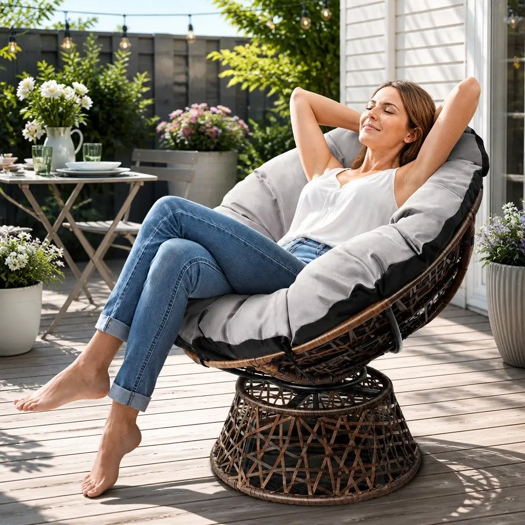 Papasan Chair Outdoor Wicker Rotatable Garden Relaxation Seat with 10cm Cushion