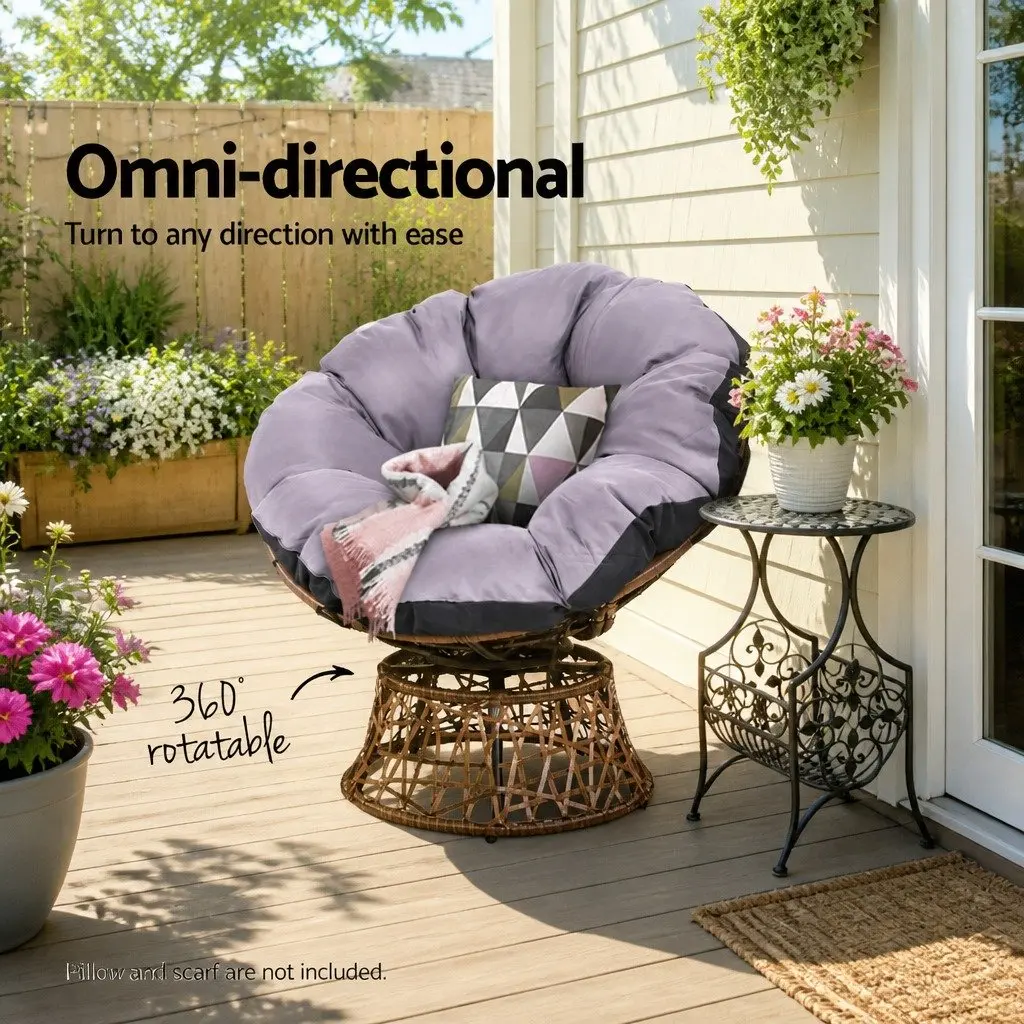 Papasan Chair Outdoor Wicker Rotatable Garden Relaxation Seat with 10cm Cushion