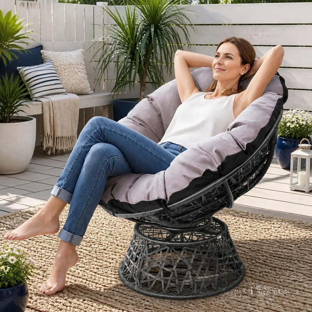Papasan Chair Grey 360 Degree Rotatable Wicker Outdoor Indoor Patio Furniture
