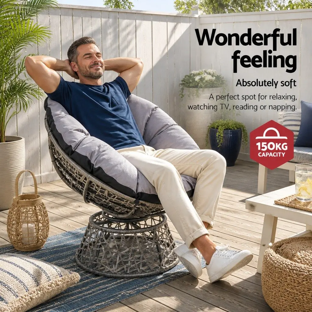 Papasan Chair Grey 360 Degree Rotatable Wicker Outdoor Indoor Patio Furniture