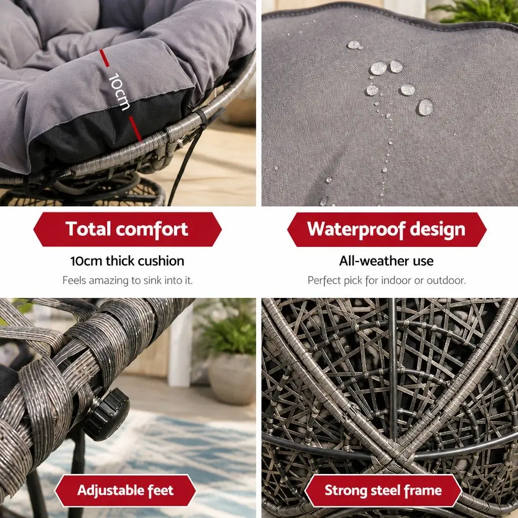 Papasan Chair Grey 360 Degree Rotatable Wicker Outdoor Indoor Patio Furniture