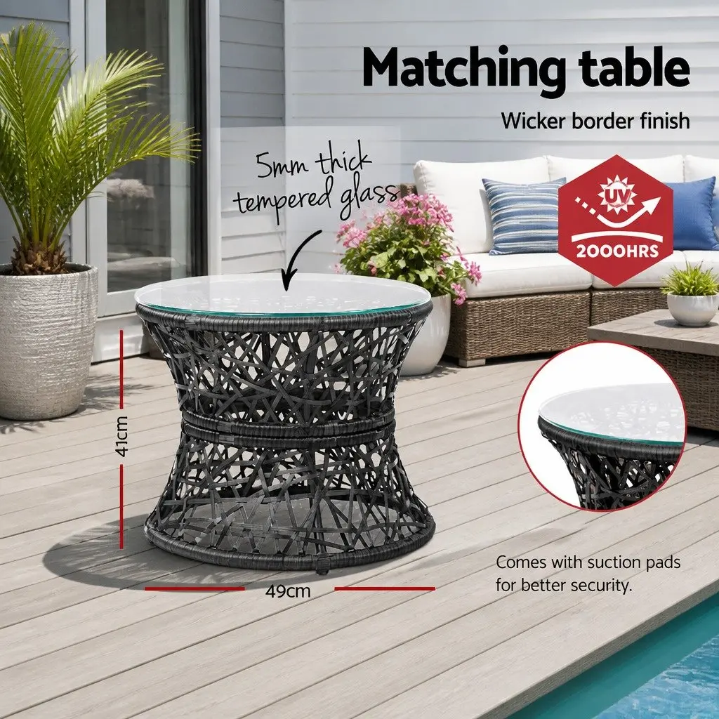 Papasan Chair and Side Table Set Black 360 Degree Rotatable PE-Wicker Heavy-Duty Steel Frame Thick Cushion Tempered Glass Top