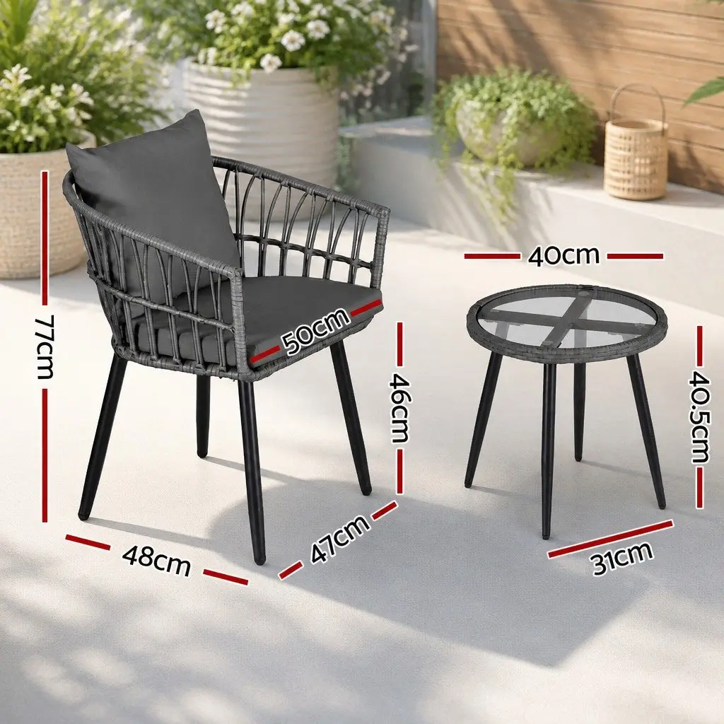 Grey 3 Piece Outdoor Lounge Set with Chairs and Coffee Table Weather Resistant Cushion Covers Sturdy Steel Frame PE Wicker Seating