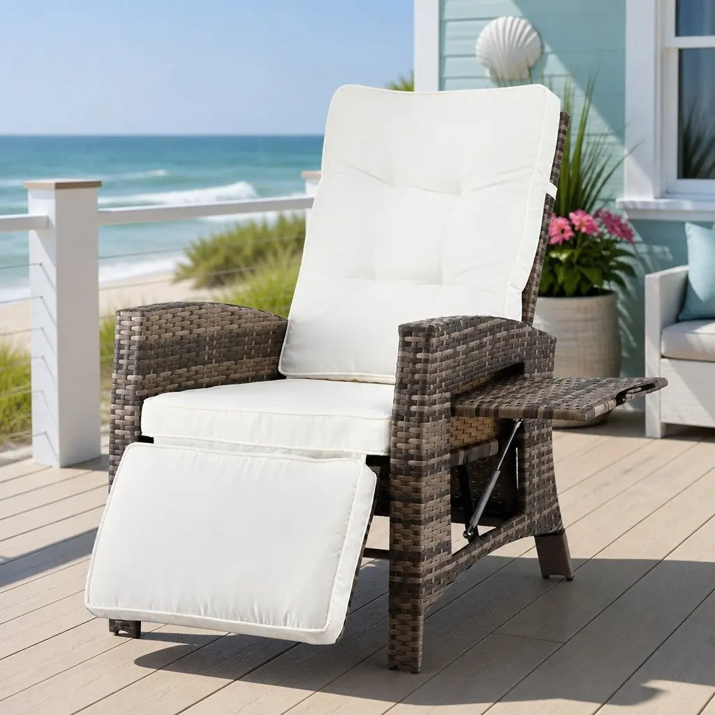 Adjustable Wicker Recliner Chair Outdoor Sun Lounge with High-Density Foam Cushion and Slip-Up Side Table