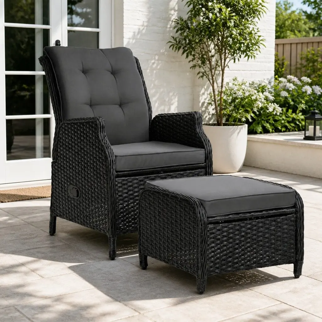 Wicker Recliner Chair Adjustable Outdoor Lounger with Ottoman Weather Resistant Black