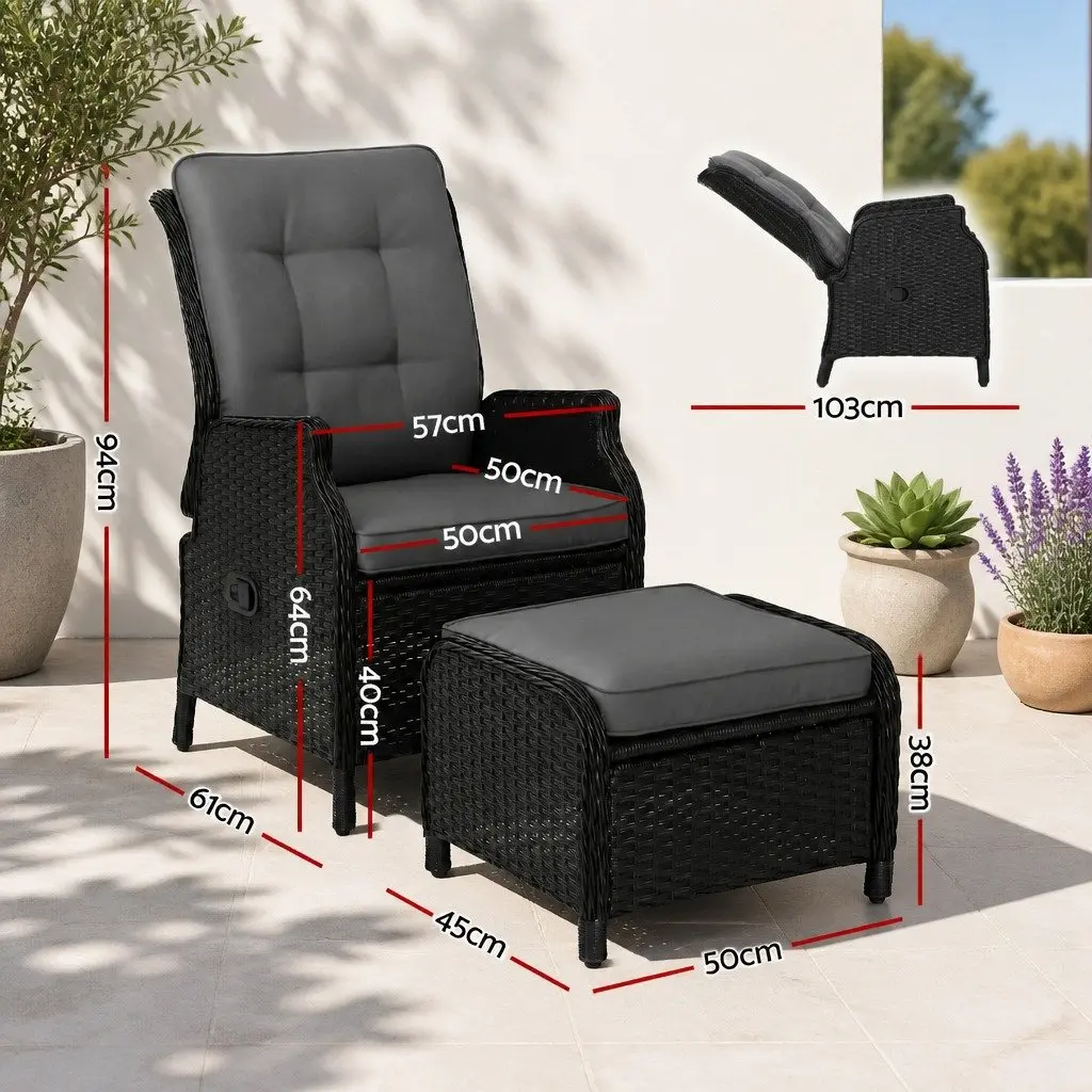 Wicker Recliner Chair Adjustable Outdoor Lounger with Ottoman Weather Resistant Black