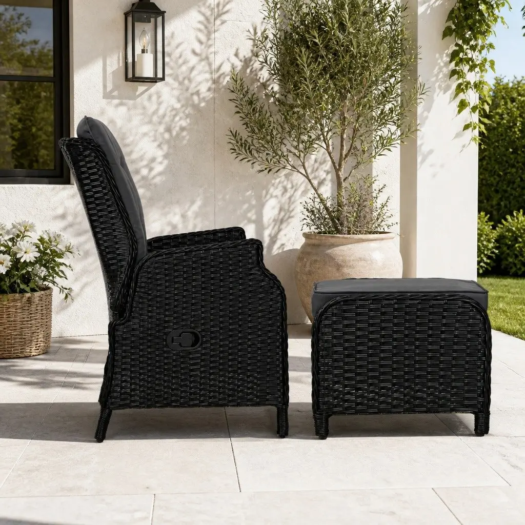Wicker Recliner Chair Adjustable Outdoor Lounger with Ottoman Weather Resistant Black