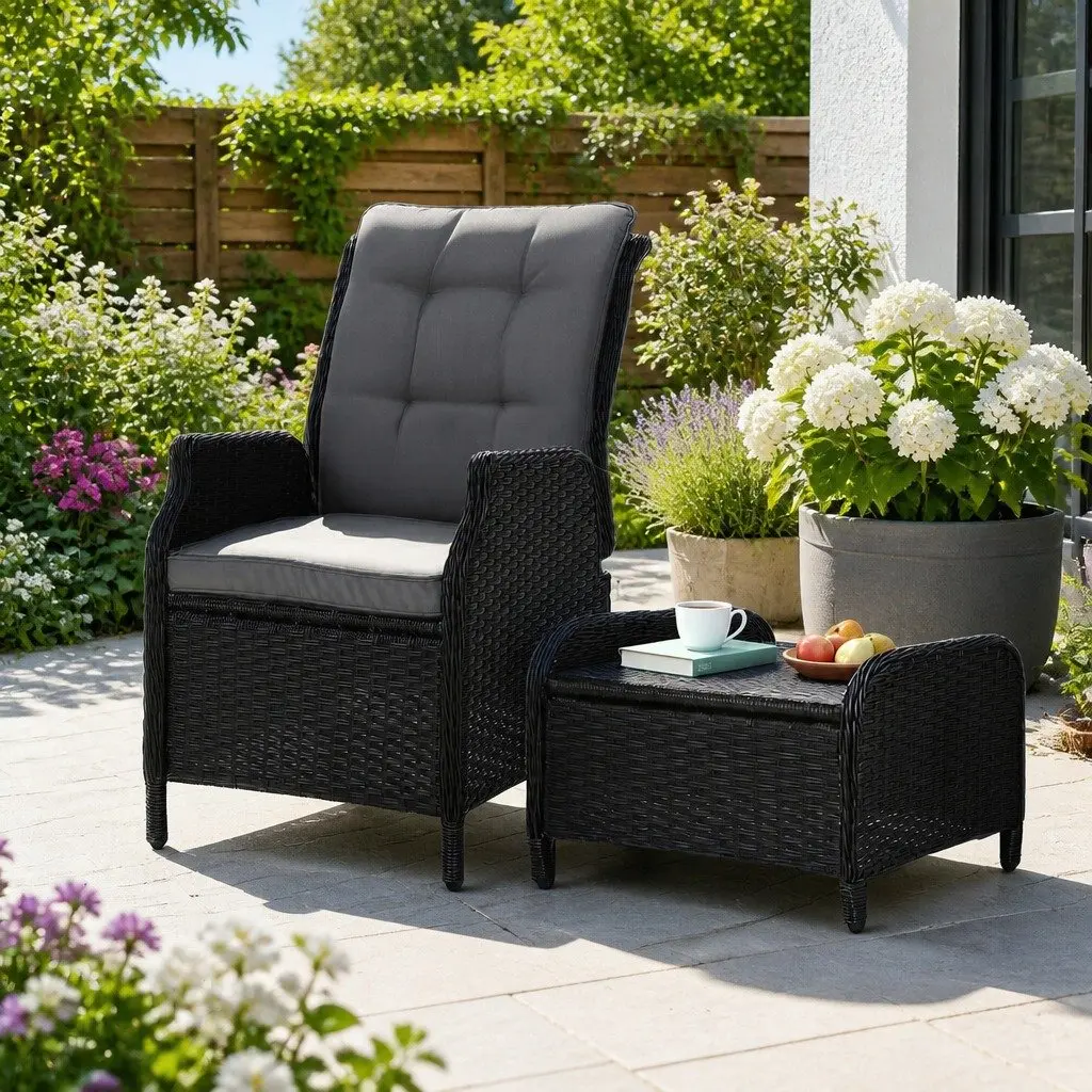 Wicker Recliner Chair Adjustable Outdoor Lounger with Ottoman Weather Resistant Black