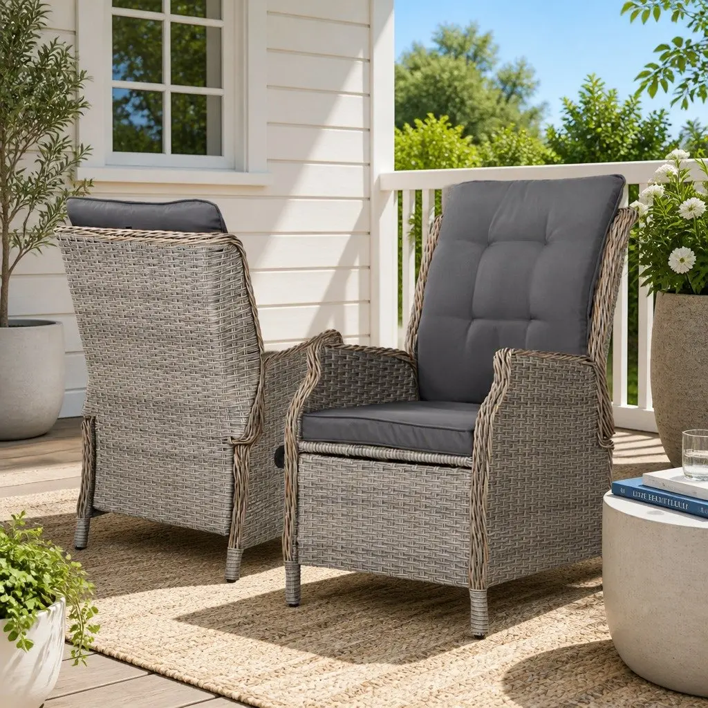Wicker Recliner Chair Set Adjustable Backrest Outdoor Patio Furniture