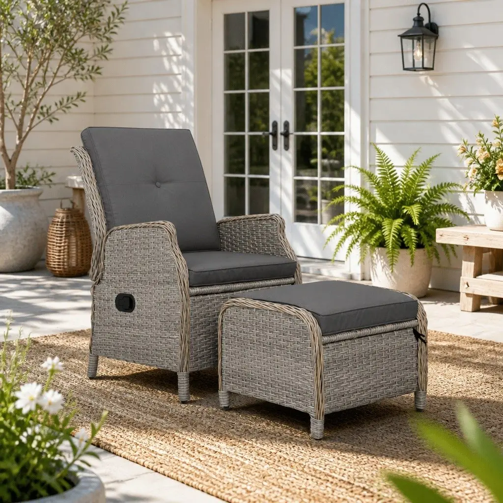 Wicker Recliner Chair Set Adjustable Backrest Outdoor Patio Furniture