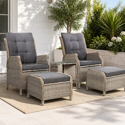 5PC Wicker Recliner Outdoor Furniture Set with Adjustable Backrest Ottoman Side