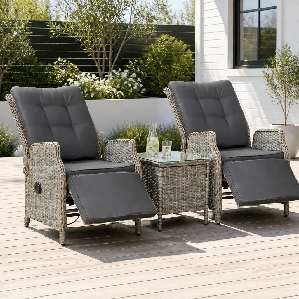 3 Piece Outdoor Recliner Set Wicker Lounge Chairs Adjustable Backrest and Footrest