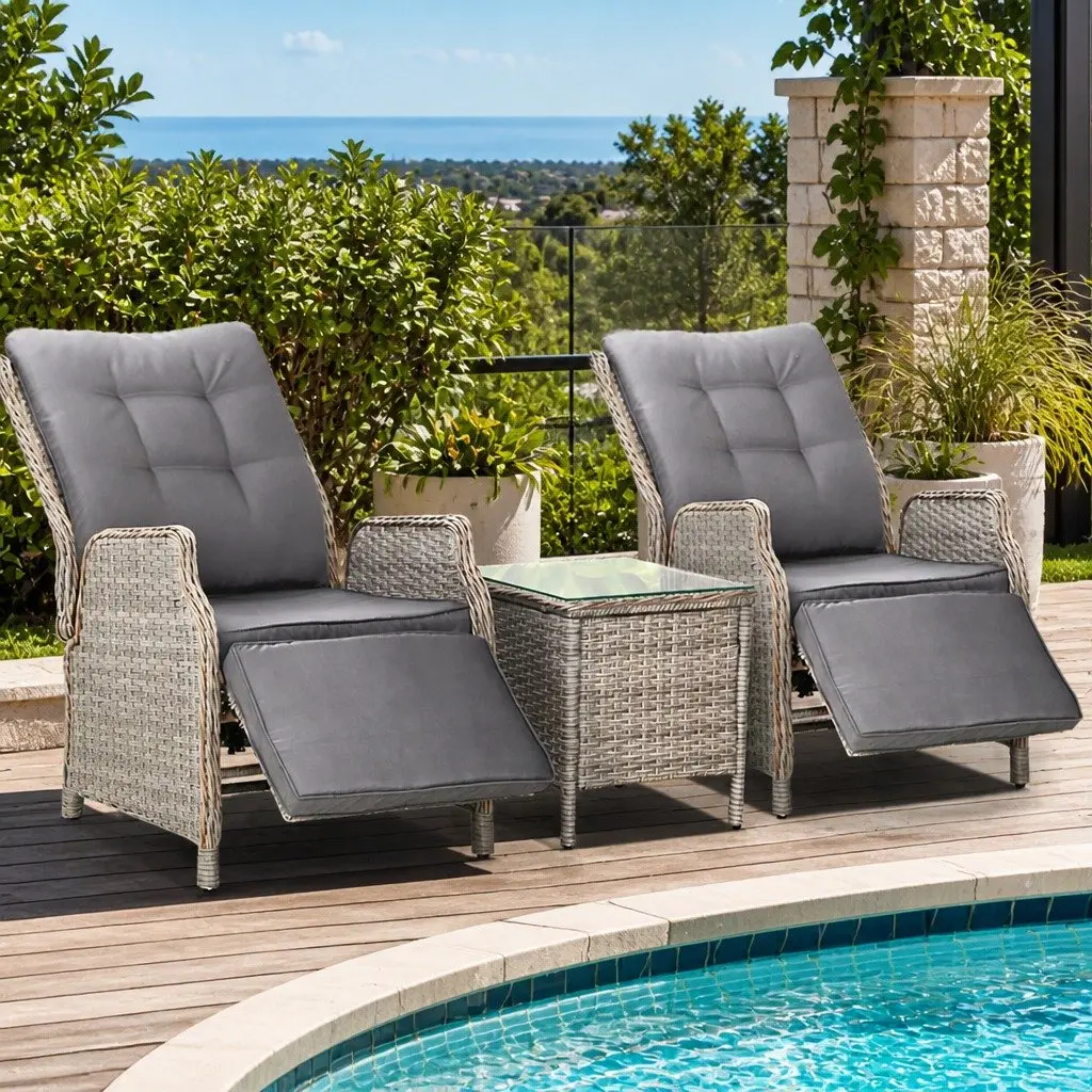 3 Piece Outdoor Recliner Set Wicker Lounge Chairs Adjustable Backrest and Footrest