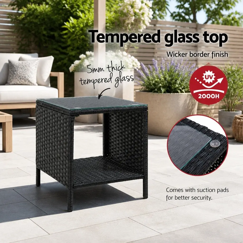 Wicker Side Table 40cm Tempered Glass Top Indoor Outdoor Furniture Black White