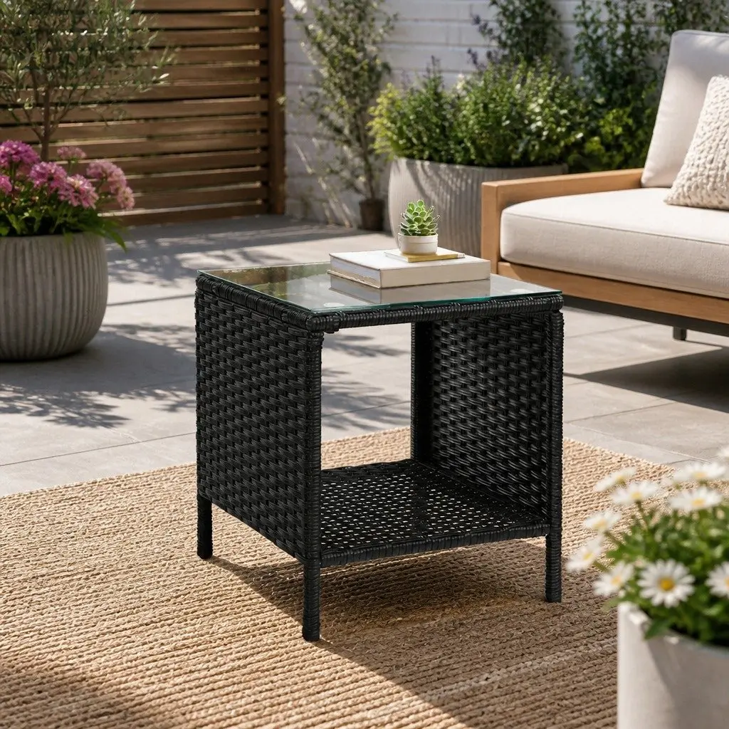 Wicker Side Table 40cm Tempered Glass Top Indoor Outdoor Furniture Black White