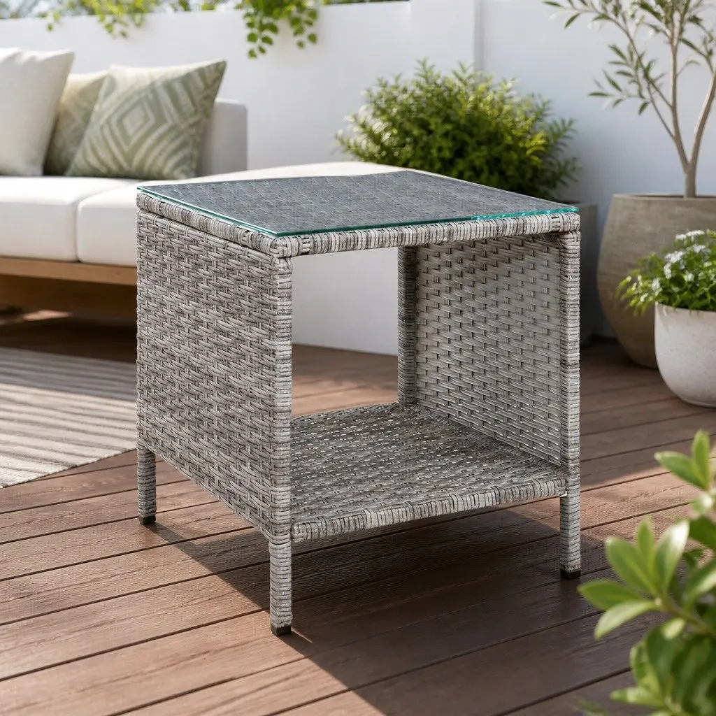 Outdoor Side Table 40cm Tempered Glass Top Wicker Rattan Weather Resistant Steel Frame