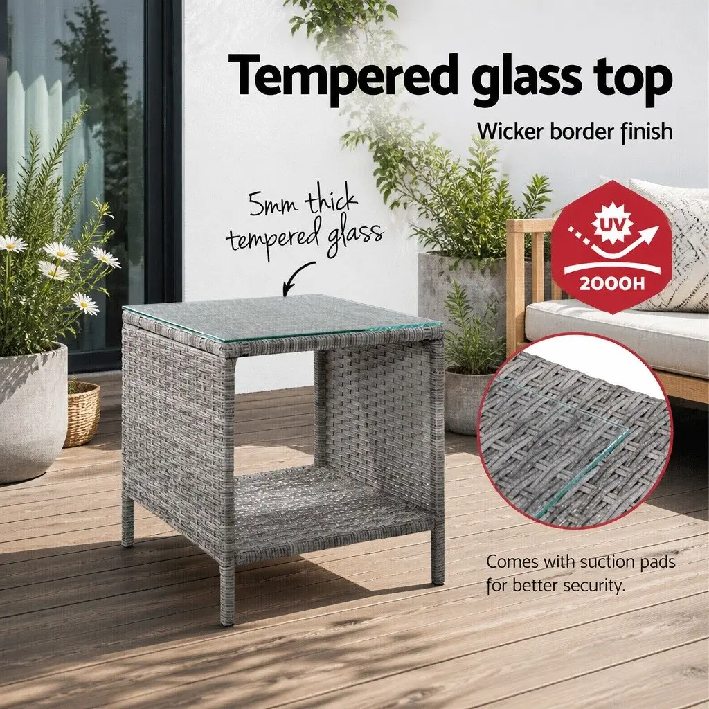 Outdoor Side Table 40cm Tempered Glass Top Wicker Rattan Weather Resistant Steel Frame