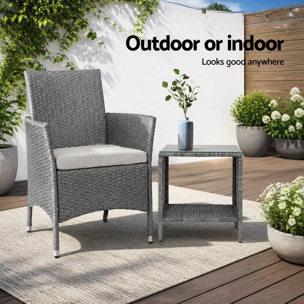 Outdoor Side Table 40cm Tempered Glass Top Wicker Rattan Weather Resistant Steel Frame