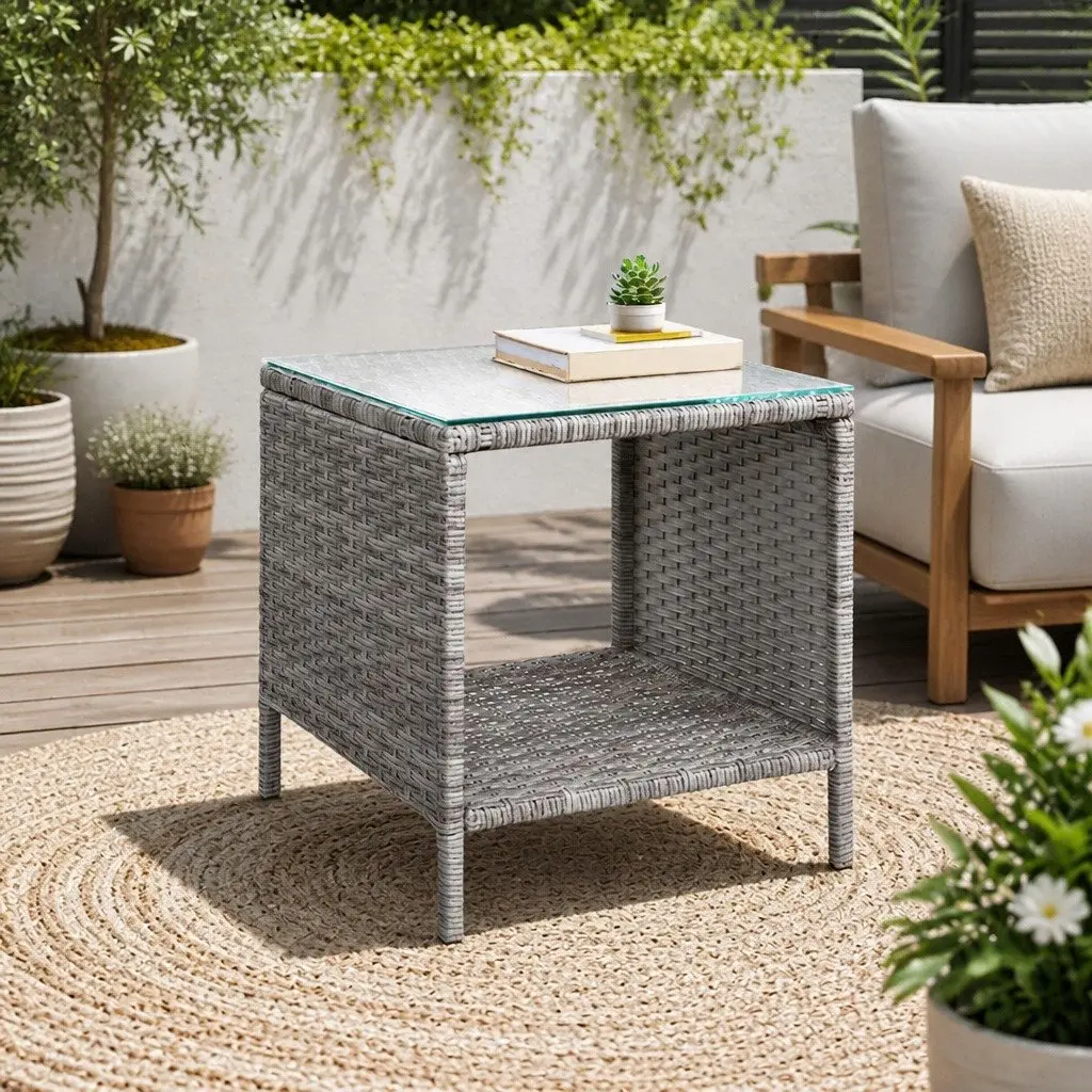 Outdoor Side Table 40cm Tempered Glass Top Wicker Rattan Weather Resistant Steel Frame
