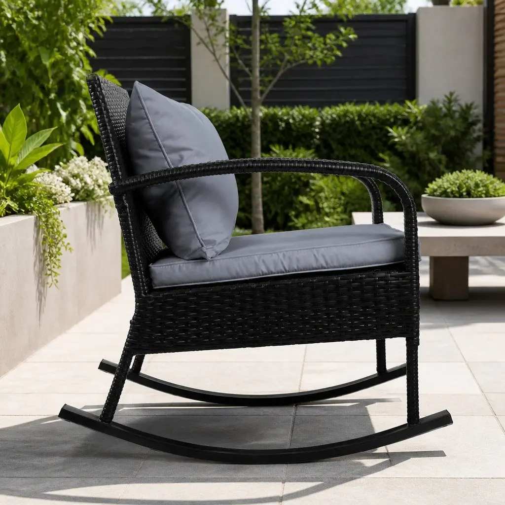 Outdoor Rocking Chair Black Wicker Lounge Seating with Cushions and Pillows