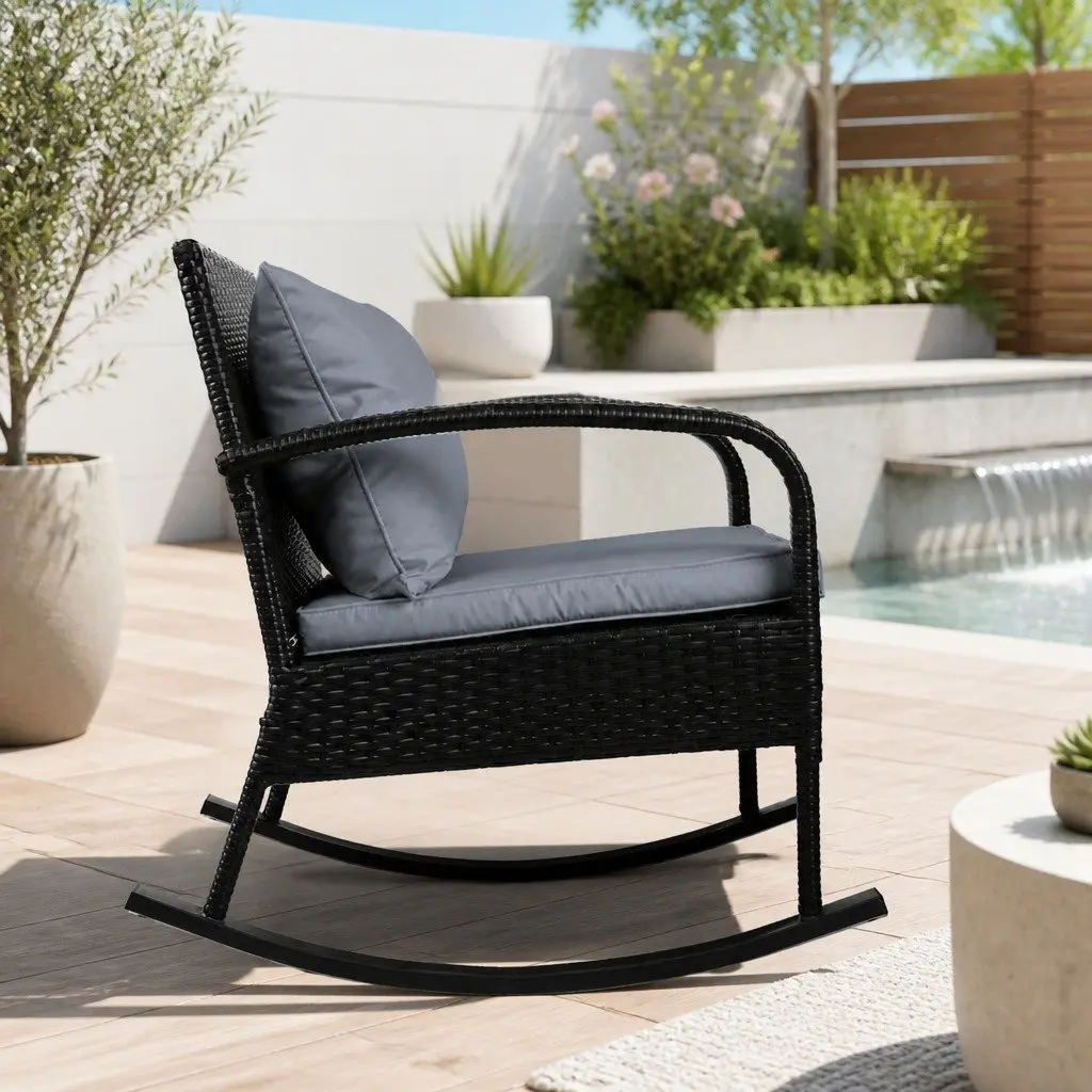 Outdoor Rocking Chair Set Black Wicker 2 Piece with Side Table and Cushions