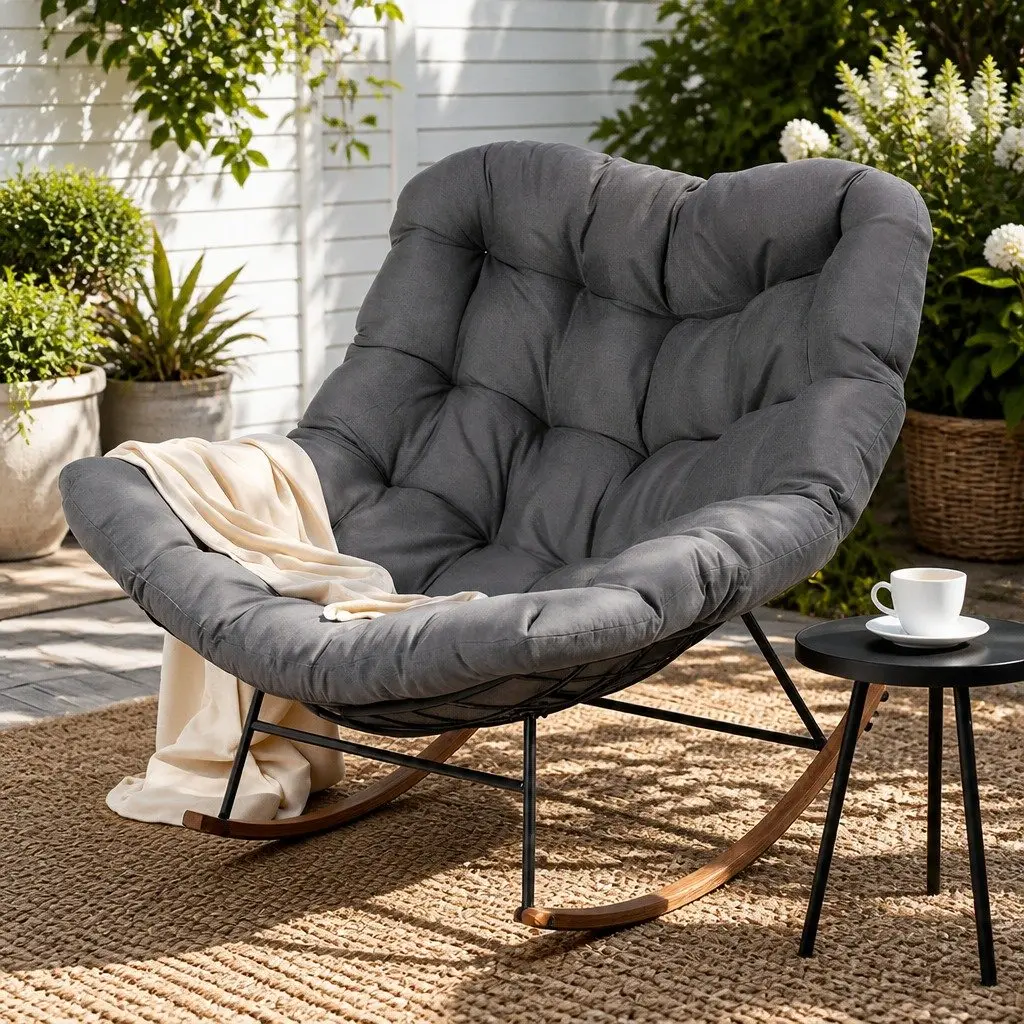 Outdoor Rocking Chair Grey Cushion Steel Frame Smooth Rocking Motion