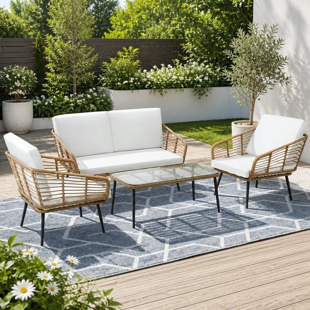 4 Piece Outdoor Lounge Setting Rattan Sofa Set with Table and Cushions White